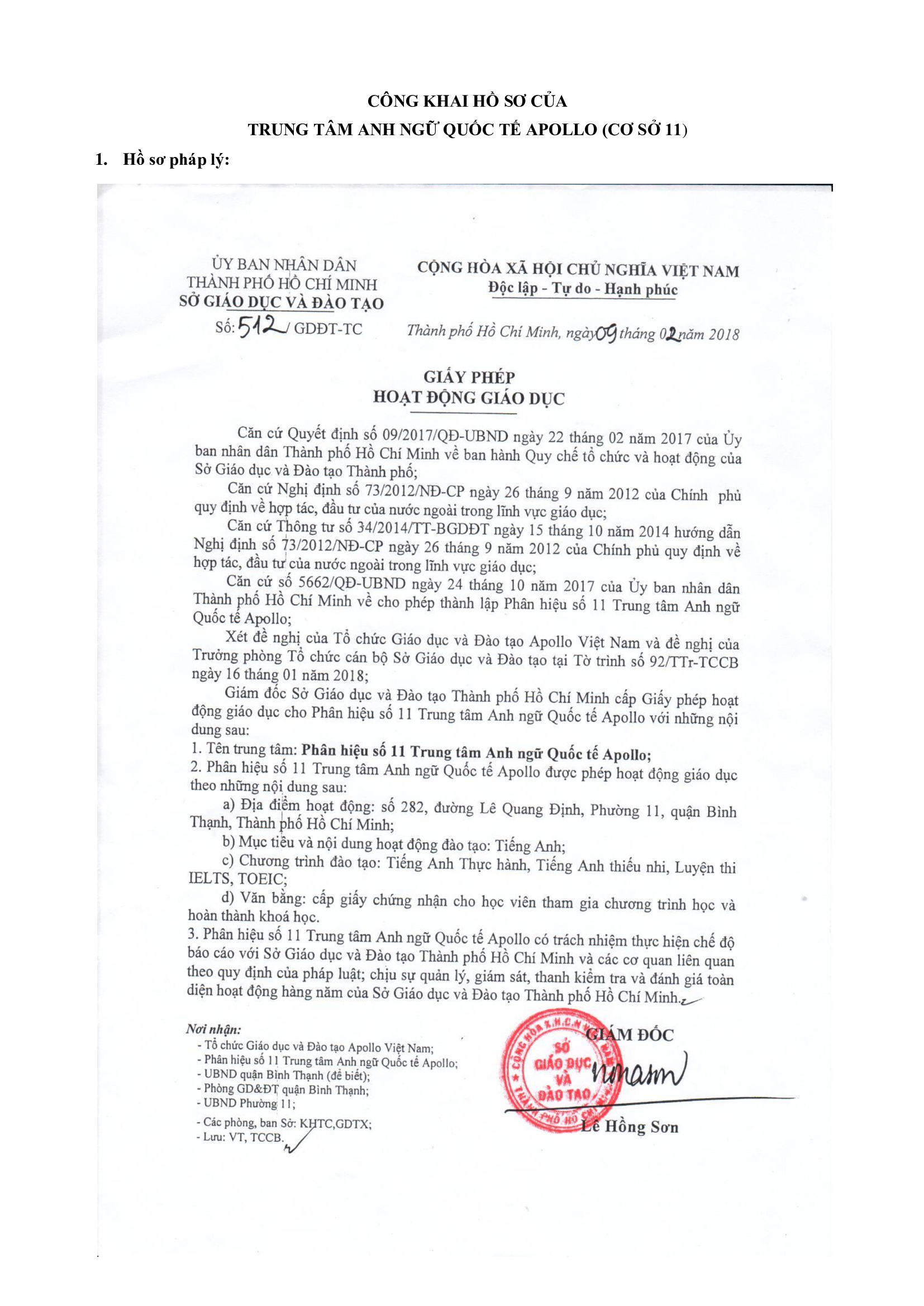 Thông tin công khai về Apollo Lê Quang Định